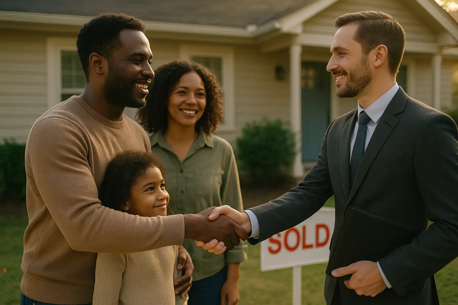 Homeowner shaking hands with a verified cash buyer outside a suburban house